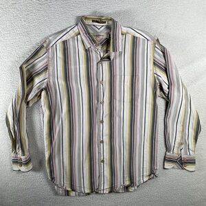 Tommy Bahama Shirt Mens Medium Striped Island Beach Tropical Silk Button READ